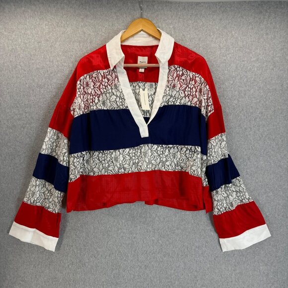 Maeve Anthropologie Womens Lace‎ Striped Patriotic Blouse Top V-Neck Size XL NWT - Picture 1 of 13